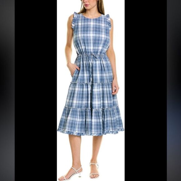 SARA CAMPBELL size M midi plaid dress blue sleeveless ruffle tiered - Picture 1 of 7